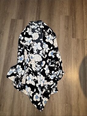Fashion Nova Black Floral Draped Cardigan with Cream and Light Blue Flowers